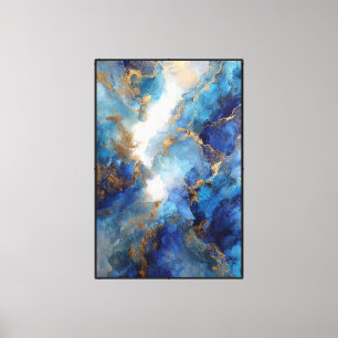 Turquoise Drift: Blue & Gold Fluid Abstract Canvas Print