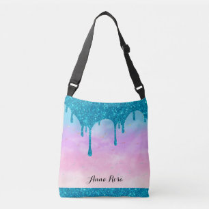 *~* Turquoise Drip Glitter Pastel Pink Ombre Sky Crossbody Bag