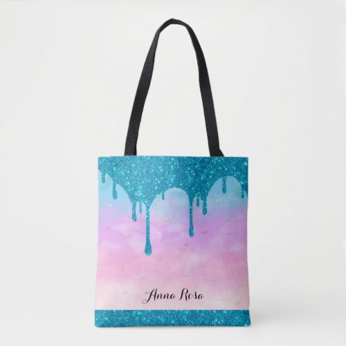  Turquoise Drip Glitter Pastel Pink Ombre Sky Tote Bag