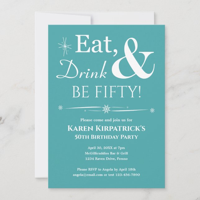 Turquoise Eat Drink Be Fifty 50th Birthday Retro Invitation (Front)