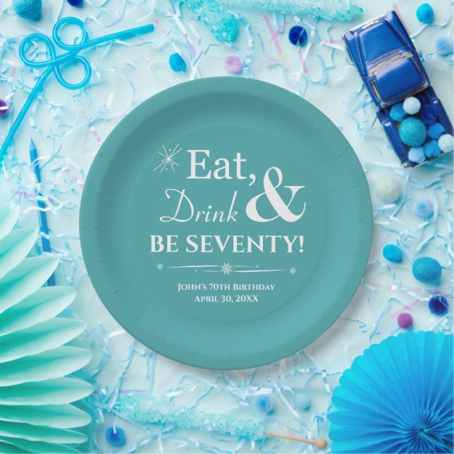 Turquoise Eat Drink Be Seventy Retro 70th Birthday Paper Plates (Party)