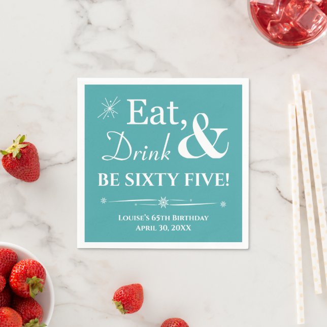 Turquoise Eat Drink Sixty Five Retro 65th Birthday Napkins (Insitu)