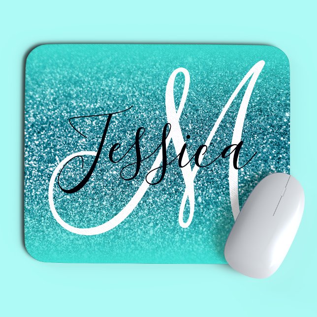 Turquoise Edge Ombre Teal Glitter Monogram Mouse Pad (Creator Uploaded)