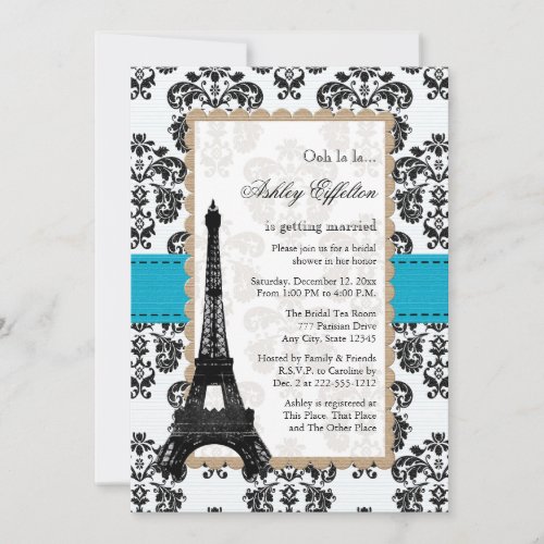 Turquoise Eiffel Tower Parisian Bridal Shower Invitation
