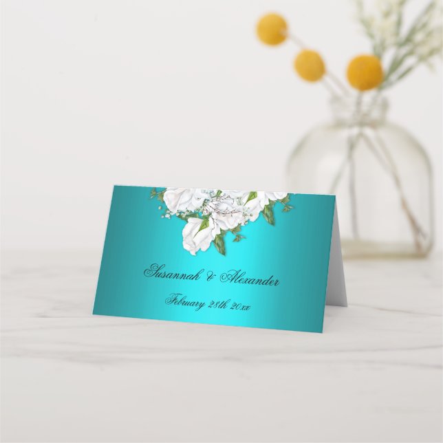 Turquoise Elegance and White Roses Wedding Place Card (Back)