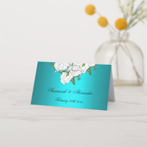Turquoise Elegance and White Roses Wedding Place Card