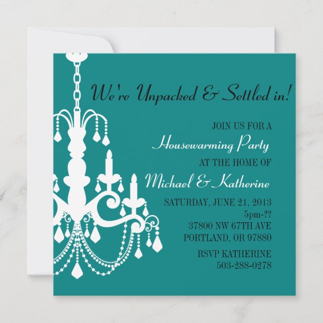 Turquoise Elegant Chandelier Housewarming Invite (Front)