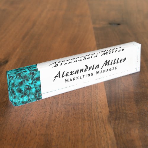 Turquoise Elegant Floral  Simple Modern Script Desk Name Plate