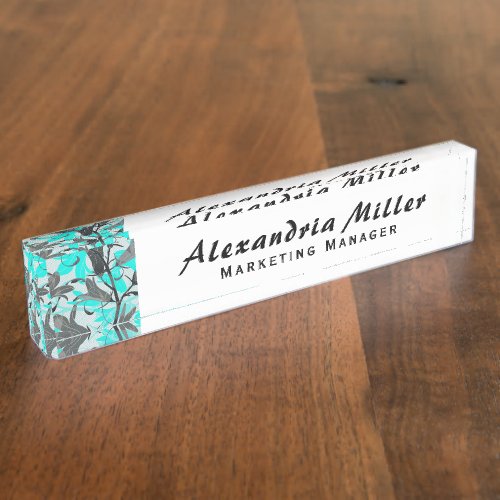 Turquoise Elegant Floral  Simple Modern Script Desk Name Plate