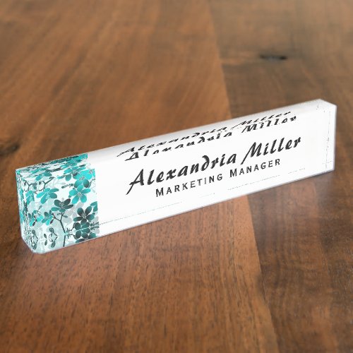 Turquoise Elegant Floral  Simple Modern Script Desk Name Plate