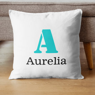 Turquoise Elegant Initial Black Name Modern Throw Pillow