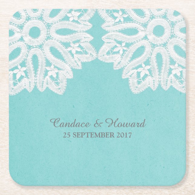 Turquoise Elegant Lace Paper Coasters (Front)