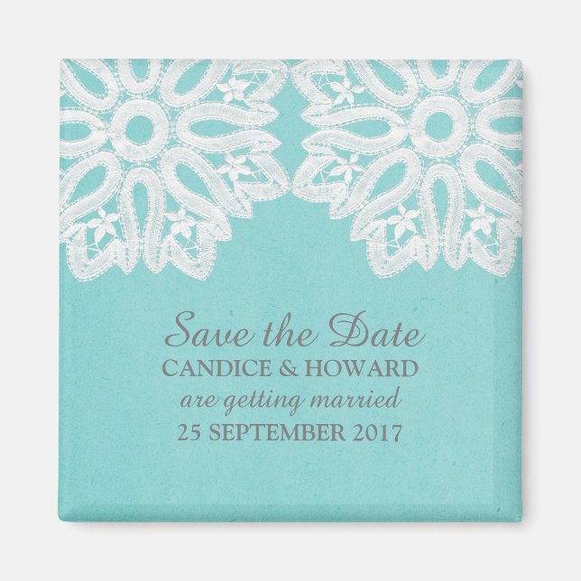 Turquoise Elegant Lace Save the Date Magnet (Front)