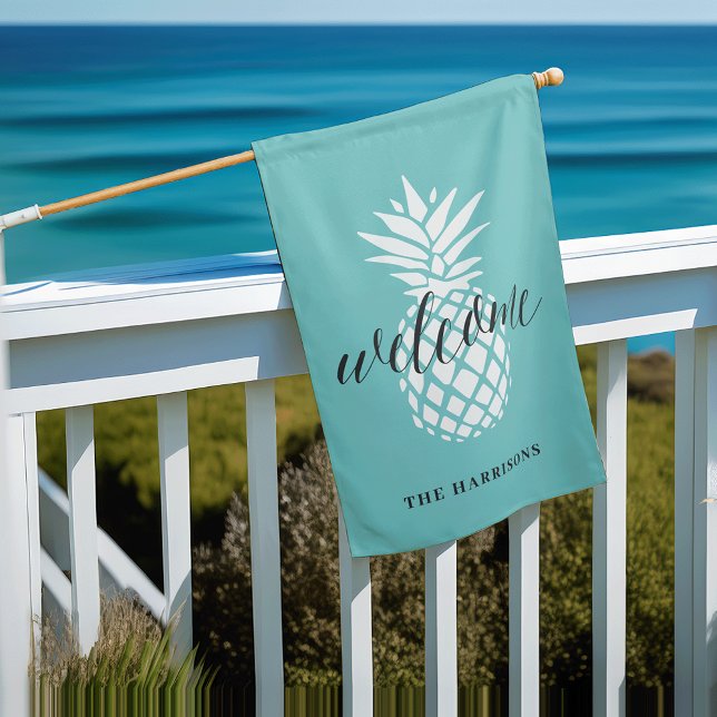 Turquoise | Elegant Personalized Pineapple Welcome House Flag (Creator Uploaded)