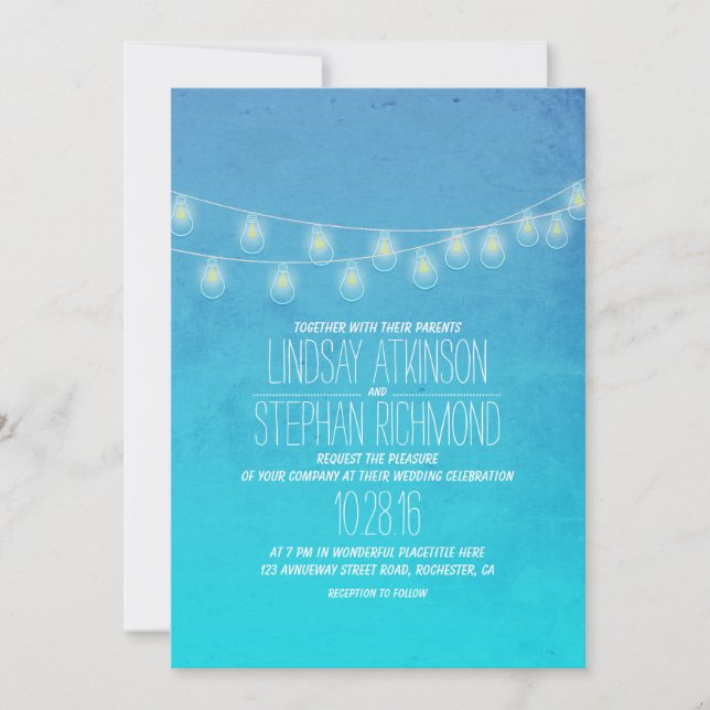 Turquoise Elegant String Lights Wedding Invites (Front)