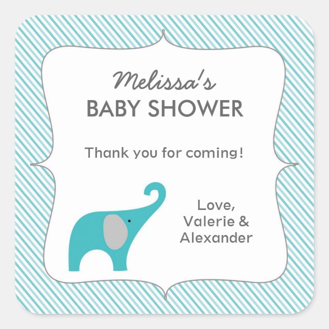 Turquoise elephant baby shower favor thank you square sticker (Front)