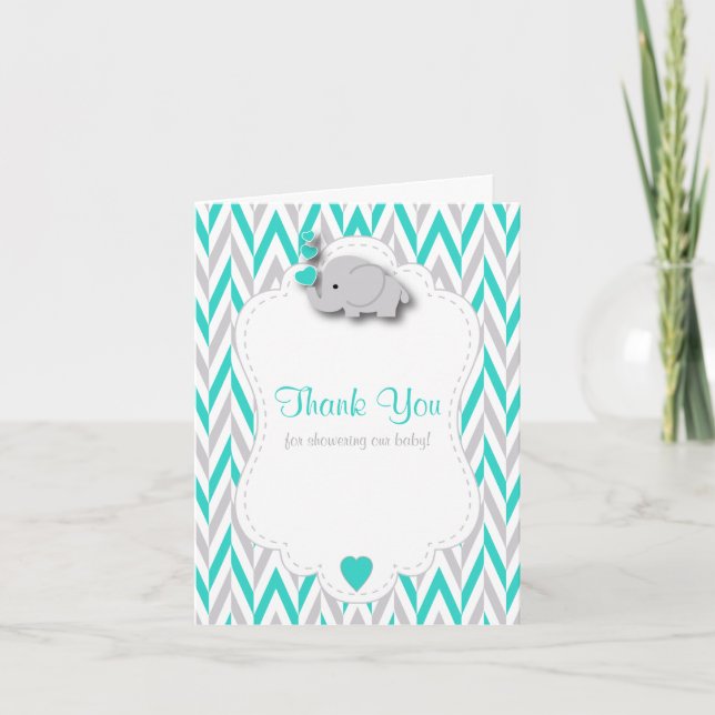 Turquoise Elephant Baby Shower Thank You Card (Front)