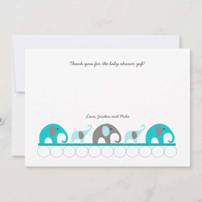 Turquoise elephant baby shower thank you note (Front)