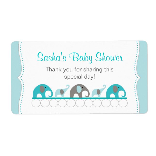 Turquoise Elephant Shower Water Bottle or Favor Label (Front)