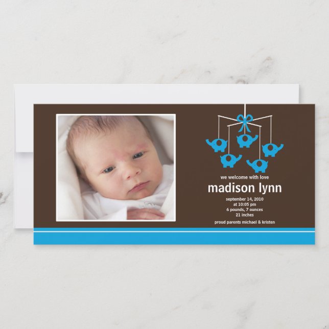 Turquoise Elephants Baby Girl Birth Annoucement Announcement (Front)