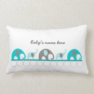 Turquoise elephants on parade + baby's name lumbar pillow