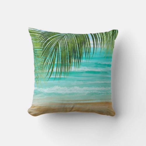 Turquoise Emerald Green Tropical Beach Palm Tree Throw Pillow