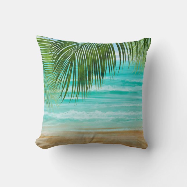 Turquoise Emerald Green Tropical Beach Palm Tree Throw Pillow (Front)