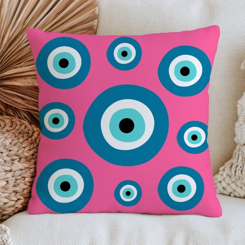 Turquoise Evil Eyes On Pastel Pink Bohemian Nazar Throw Pillow