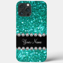 Turquoise Faux Bling Monogram  iPhone 13 Pro Max Case