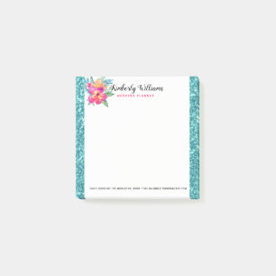Turquoise Faux Glitter & Floral Bouquet Post-it Notes
