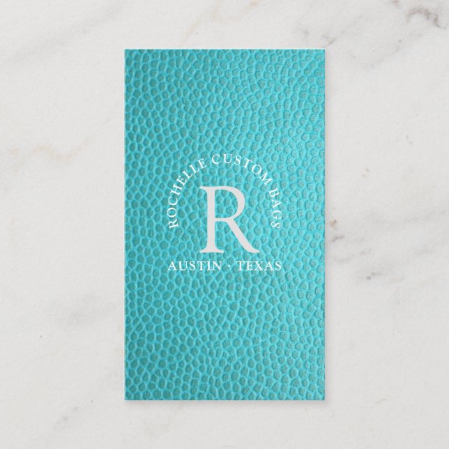 Turquoise faux leather encircled monogram business card (Front)