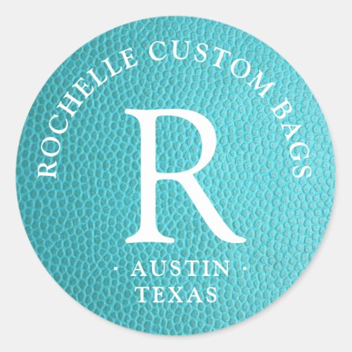 Turquoise faux leather encircled monogram classic round sticker
