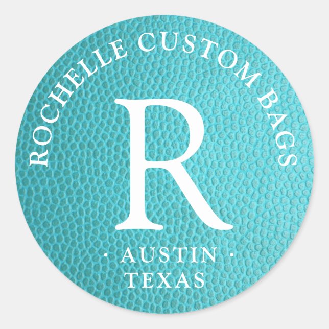 Turquoise faux leather encircled monogram classic round sticker (Front)