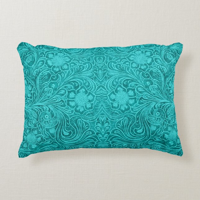 Turquoise Faux Leather Pattern-Embossed Floral Accent Pillow (Front)