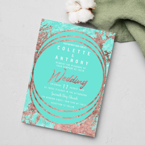 Turquoise faux rose gold teal marble Wedding Invitation