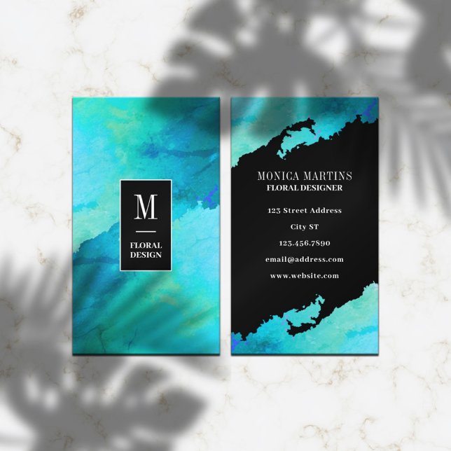 Turquoise faux stone texture and black  business card (Creator Uploaded)