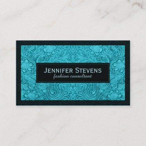 Turquoise Faux Suede Leather Floral Design Business Card