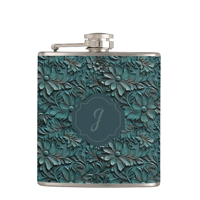 Turquoise Faux Tooled Leather Vinyl  Flask (Front)