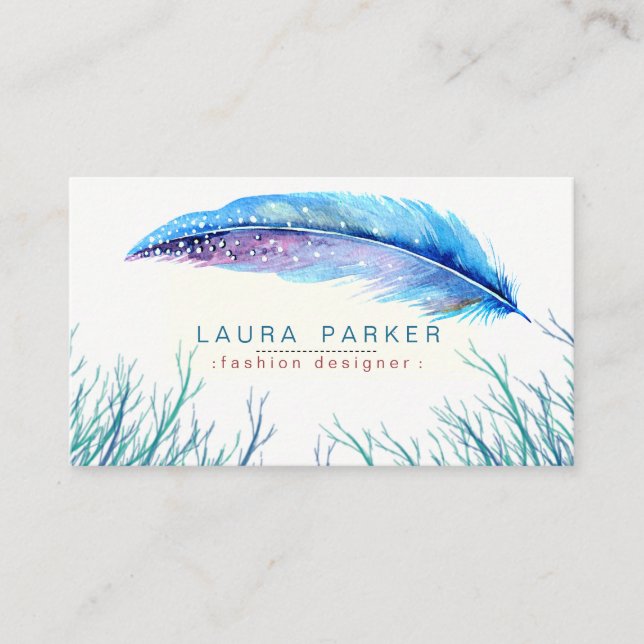 Turquoise Feather Watercolor Boho Girly Chic Business Card (Front)