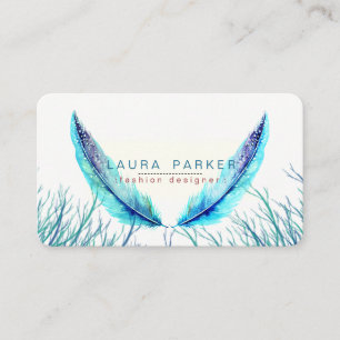 Turquoise Feathers Watercolor Boho Teal Beach Business Card