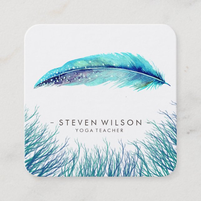 Turquoise Feathers Watercolor Boho Teal Beach Square Business Card (Front)