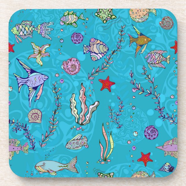 Turquoise Fish Pattern Beverage Coaster (Front)