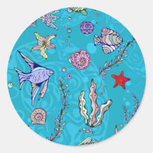 Turquoise Fish Pattern Classic Round Sticker