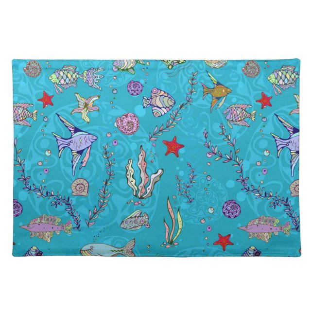 Turquoise Fish Pattern Cloth Placemat (Front)