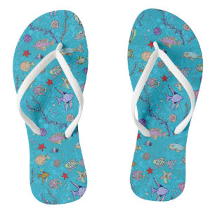 Turquoise Fish Pattern Flip Flops