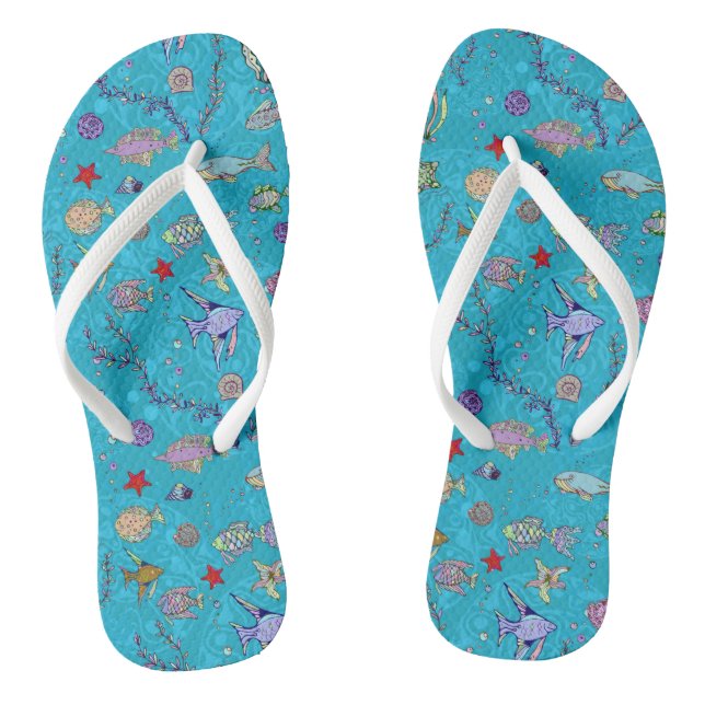 Turquoise Fish Pattern Flip Flops (Footbed)