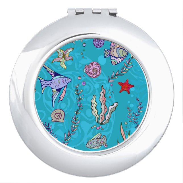 Turquoise Fish Pattern Makeup Mirror (Front)