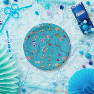 Turquoise Fish Pattern Paper Plates