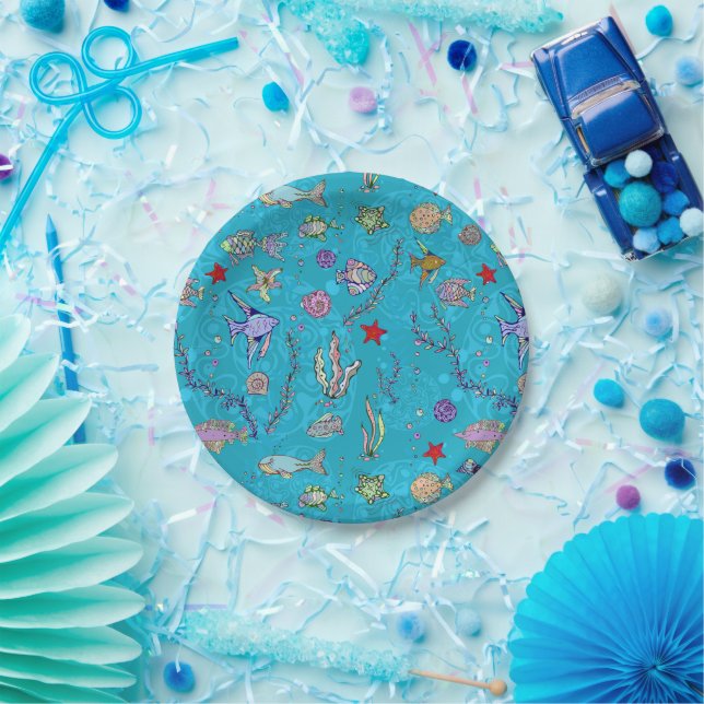 Turquoise Fish Pattern Paper Plates (Party)