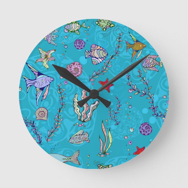 Turquoise Fish Pattern Round Clock (Front)